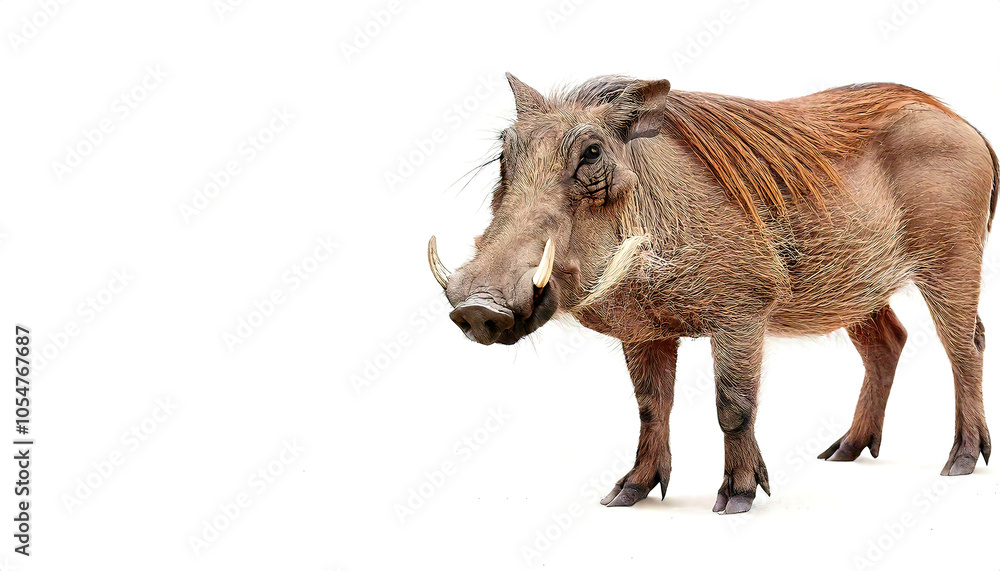 Warthog are pigs who live in semi open habitats, arid regions, in sub Saharan Africa. Know from two species the desert - Phacochoerus aethiopicus - and common P. africanus. Isolated white background Warthog are pigs who live in semi open habitats, arid regions, in sub Saharan Africa. Know from two species the desert - Phacochoerus aethiopicus - and common P. africanus. Isolated white background