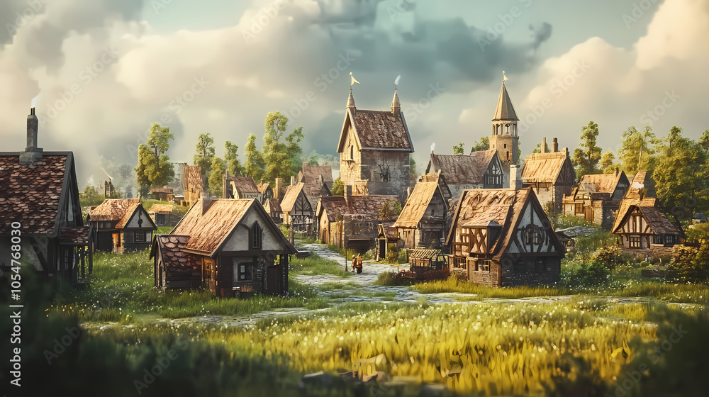 Fototapeta premium The small medieval fantasy village illustrated in medieval style. (illustration, generative ai). Fantasy Village. Illustration