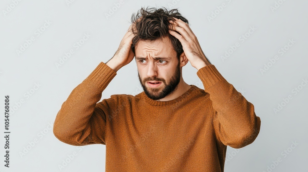 Man Holding His Head in Discomfort or Stress Man Holding His Head in Discomfort or Stress