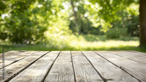 Rustic wooden table with blurred vibrant green nature background for ecofriendly designs : Generative AI