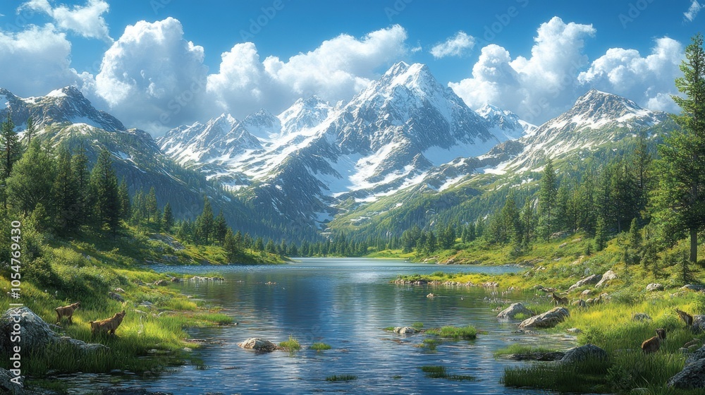 Fototapeta premium Serene mountain landscape with a lake and wildlife.