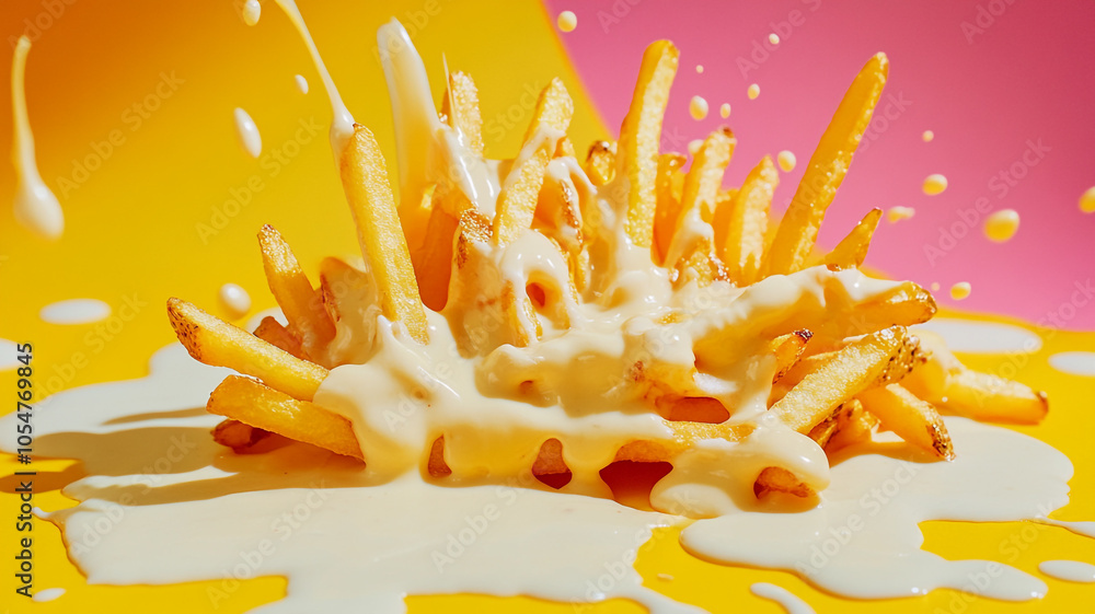 Delicious fries with creamy sauce splattered on a vibrant yellow and pink background Delicious fries with creamy sauce splattered on a vibrant yellow and pink background