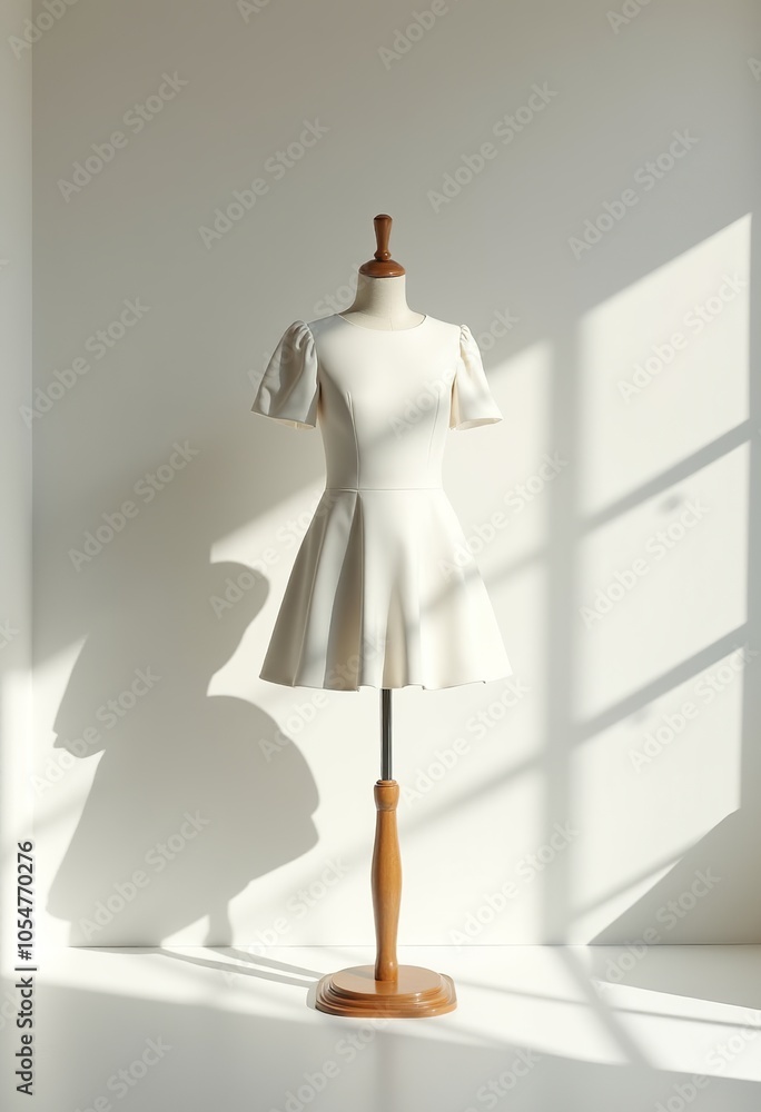 Chic Fit and Flare White Cocktail Dress Displayed on Mannequin: Capturing the Essence of Modern Fashion in a Clean Aesthetic Chic Fit and Flare White Cocktail Dress Displayed on Mannequin: Capturing the Essence of Modern Fashion in a Clean Aesthetic