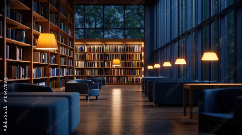 Tranquil library interior with warm lighting and bookshelves Tranquil library interior with warm lighting and bookshelves