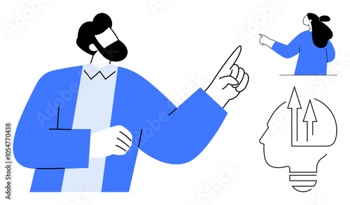 Two individuals are pointing and discussing, accompanied by a graphic of a head with arrows in a light bulb. Ideal for collaboration, communication, brainstorming, innovation, and teamwork concepts