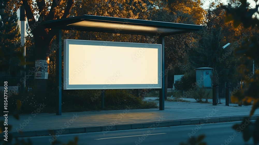 Sunlit Outdoor Bus Stop with Blank Billboard in Evening City Setting for Urban Advertisements : Generative AI Sunlit Outdoor Bus Stop with Blank Billboard in Evening City Setting for Urban Advertisements : Generative AI