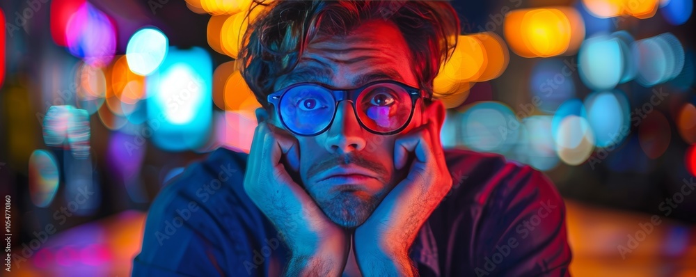 Disheartened Man in Glasses with Neon Lights in Background Reflecting Disappointment and Contemplation Disheartened Man in Glasses with Neon Lights in Background Reflecting Disappointment and Contemplation