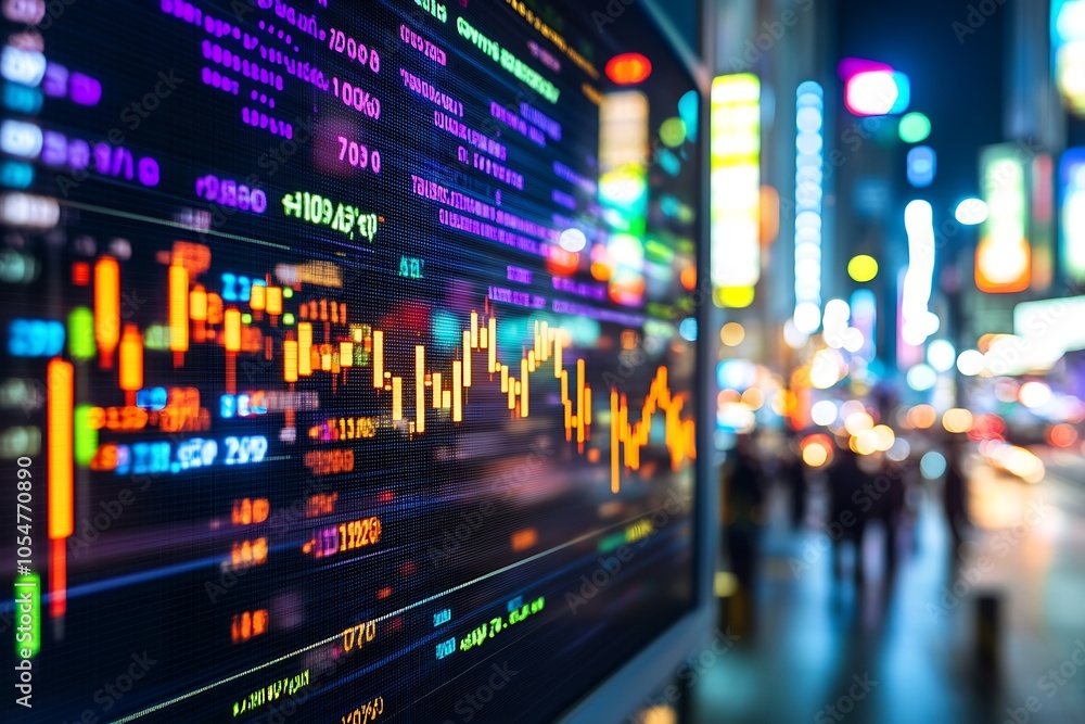 Obraz premium Vibrant City Financial Data Display on Digital Screen with Blurred Night Lights : Generative AI