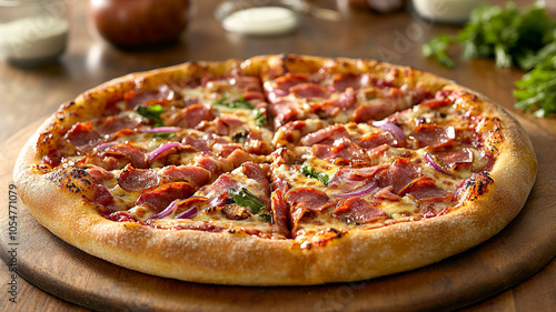 Delicious pepperoni pizza with fresh toppings served on a wooden table in a cozy restaurant