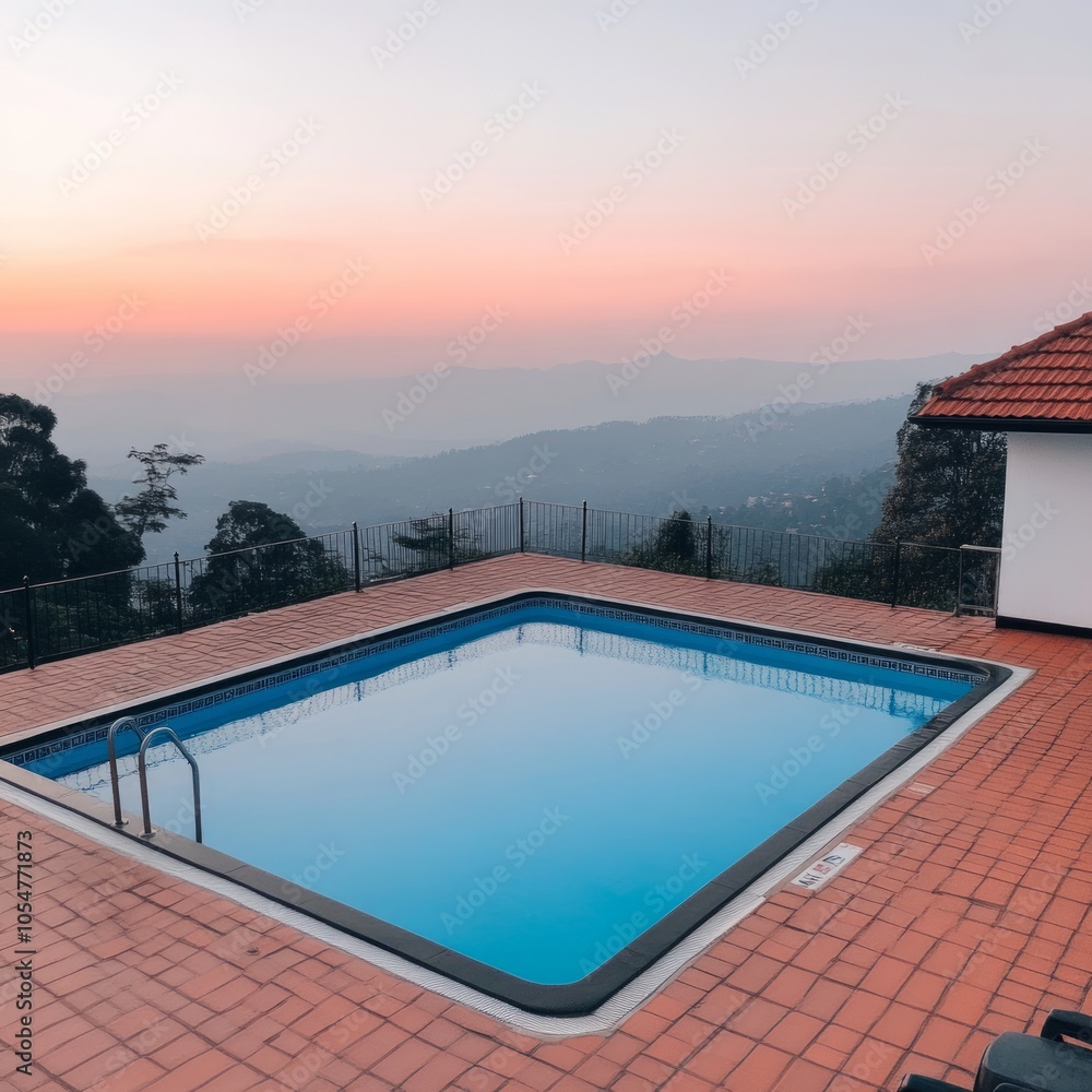 A serene pool overlooking a scenic landscape at sunset. A serene pool overlooking a scenic landscape at sunset.