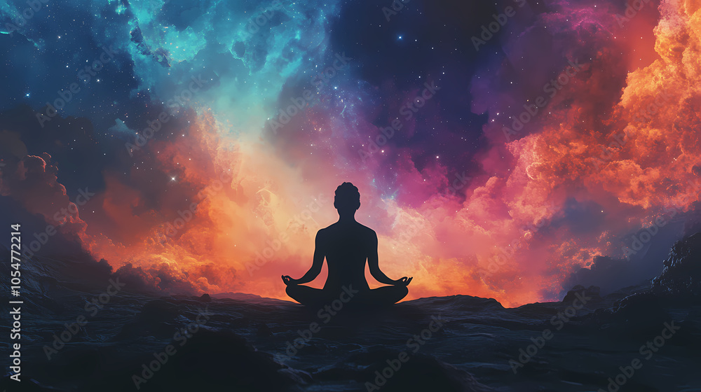 Silhouette of a person in the lotus position against a cosmic landscape. the concept of meditation and cosmos. Astral Projection. Illustration Silhouette of a person in the lotus position against a cosmic landscape. the concept of meditation and cosmos. Astral Projection. Illustration