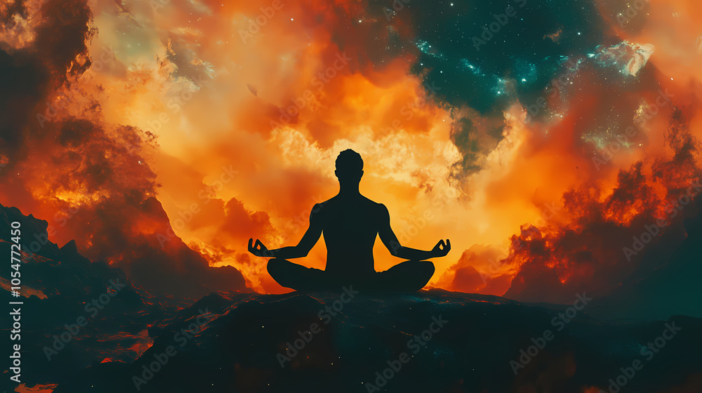 Silhouette of a person in the lotus position against a cosmic landscape. the concept of meditation and cosmos. Astral Projection. Illustration Silhouette of a person in the lotus position against a cosmic landscape. the concept of meditation and cosmos. Astral Projection. Illustration