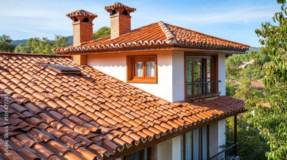 A picturesque view of a modern house with a tiled roof and surrounding greenery. A picturesque view of a modern house with a tiled roof and surrounding greenery.