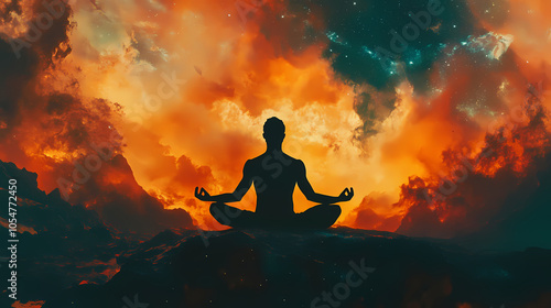 Silhouette of a person in the lotus position against a cosmic landscape. the concept of meditation and cosmos. Astral Projection. Illustration