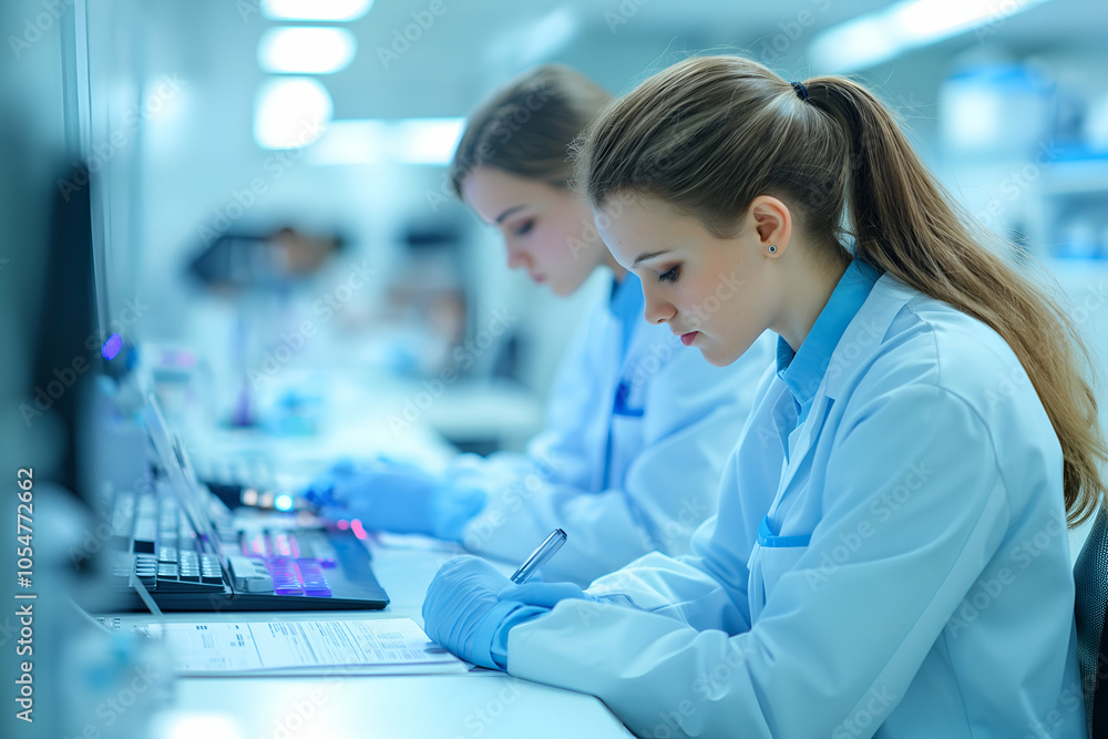 Female Scientists Working in Laboratory, Conducting Research on Computer and Paper, Science and Innovation in Medical Lab Female Scientists Working in Laboratory, Conducting Research on Computer and Paper, Science and Innovation in Medical Lab