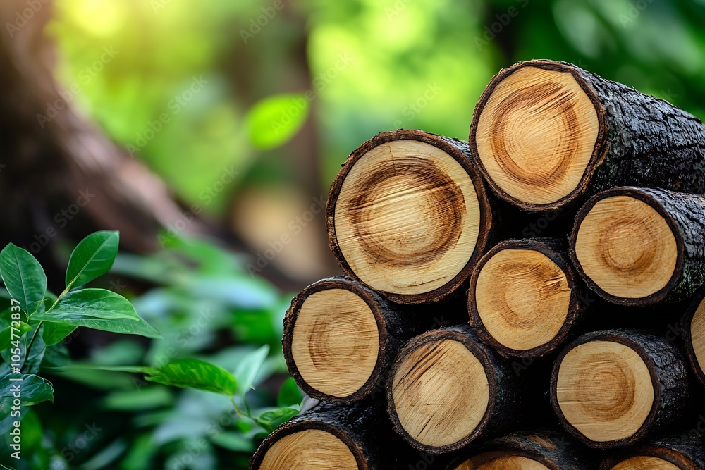 Stack of freshly cut wooden logs amidst lush green background with vibrant sunlight : Generative AI Stack of freshly cut wooden logs amidst lush green background with vibrant sunlight : Generative AI