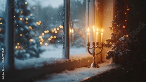 Cozy Winter Window with Lit Menorah and Snowy Scene photo