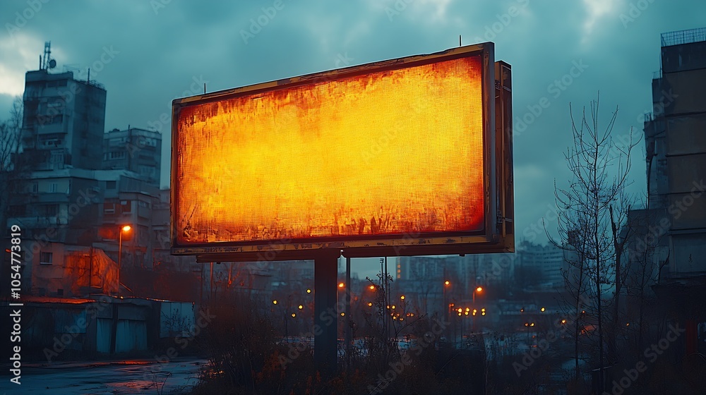 Rustic Illuminated Urban Billboard at Dusk in City Environment : Generative AI Rustic Illuminated Urban Billboard at Dusk in City Environment : Generative AI