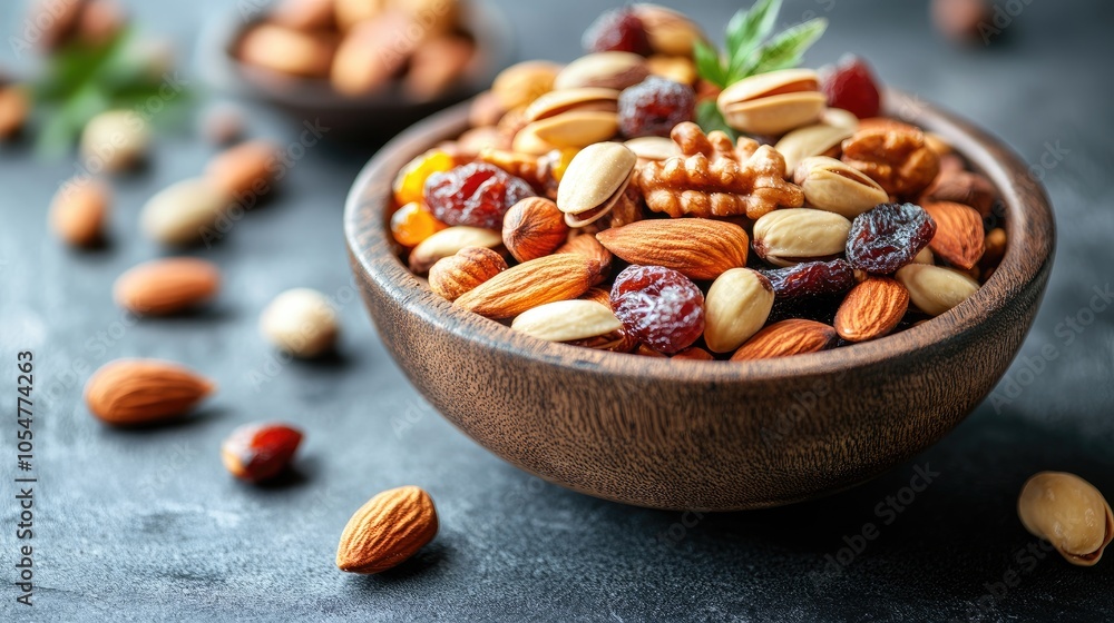 Bowl filled with assorted nuts and raisins. This image is perfect for a blog post on healthy snacking or a website about nutrition. Bowl filled with assorted nuts and raisins. This image is perfect for a blog post on healthy snacking or a website about nutrition.