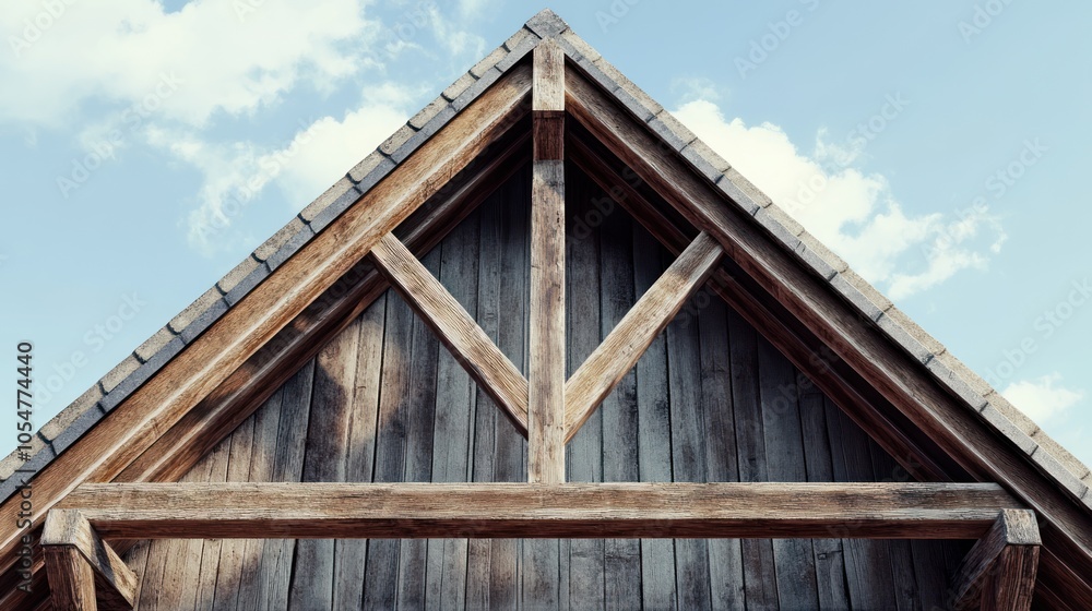 A close-up view of a wooden roof structure under a blue sky with clouds. A close-up view of a wooden roof structure under a blue sky with clouds.