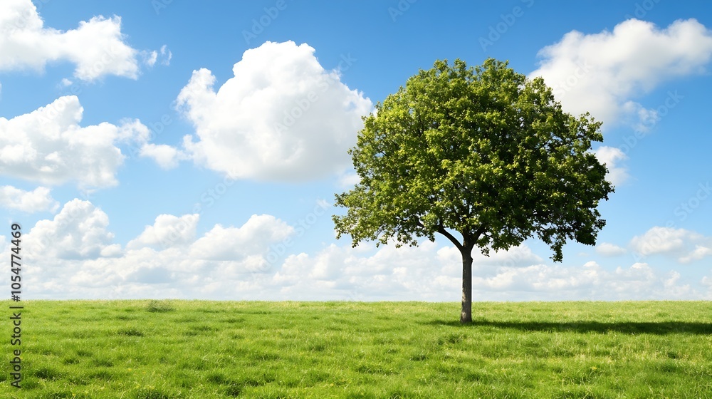 Lone Tree in Serene Green Meadow Under Bright Blue Sky with Fluffy Clouds : Generative AI Lone Tree in Serene Green Meadow Under Bright Blue Sky with Fluffy Clouds : Generative AI