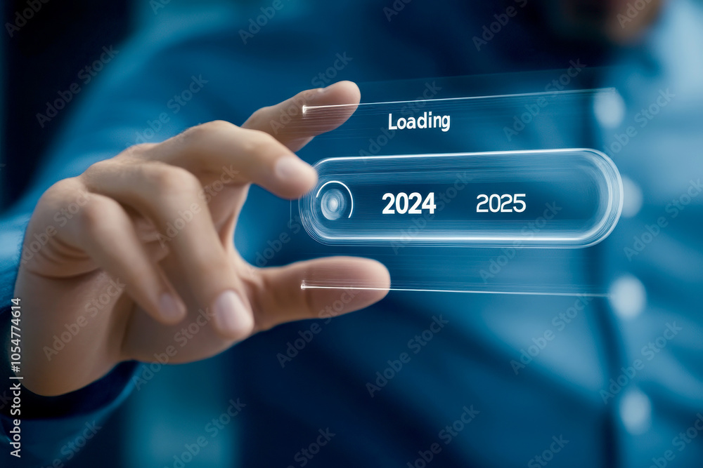 Businessman pointing to 2025 text, loading bar for count down from 2024 to 2025 year, Start up business and success. Businessman pointing to 2025 text, loading bar for count down from 2024 to 2025 year, Start up business and success.