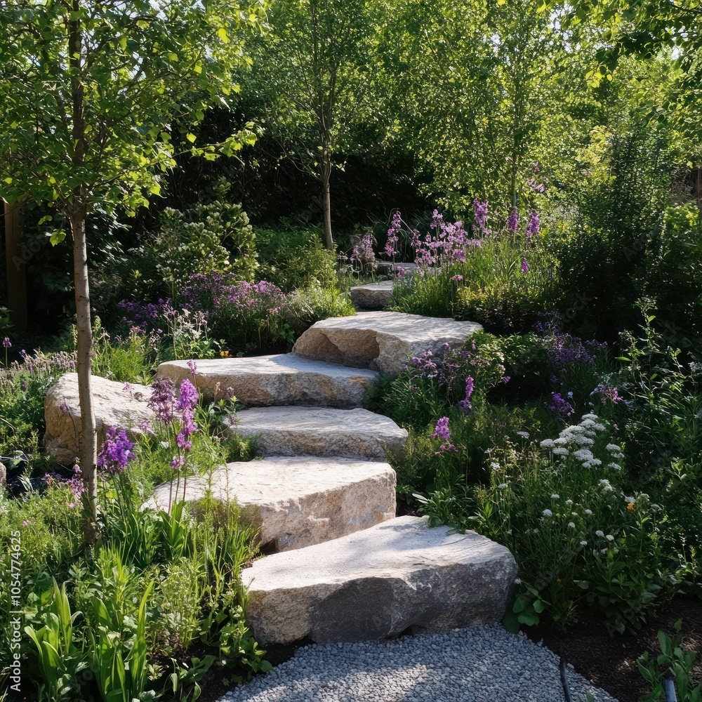 Woodland garden with natural stone features Woodland garden with natural stone features