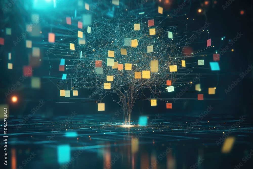Abstract digital tree with notes. This image represents interconnectedness of ideas and information. Abstract digital tree with notes. This image represents interconnectedness of ideas and information.