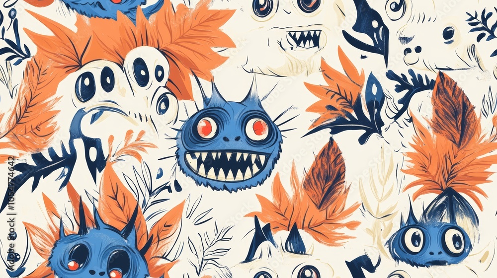 Playful Monster Doodles Seamless Pattern with Whimsical Creatures and Autumn Leaves in Blue and Orange Playful Monster Doodles Seamless Pattern with Whimsical Creatures and Autumn Leaves in Blue and Orange