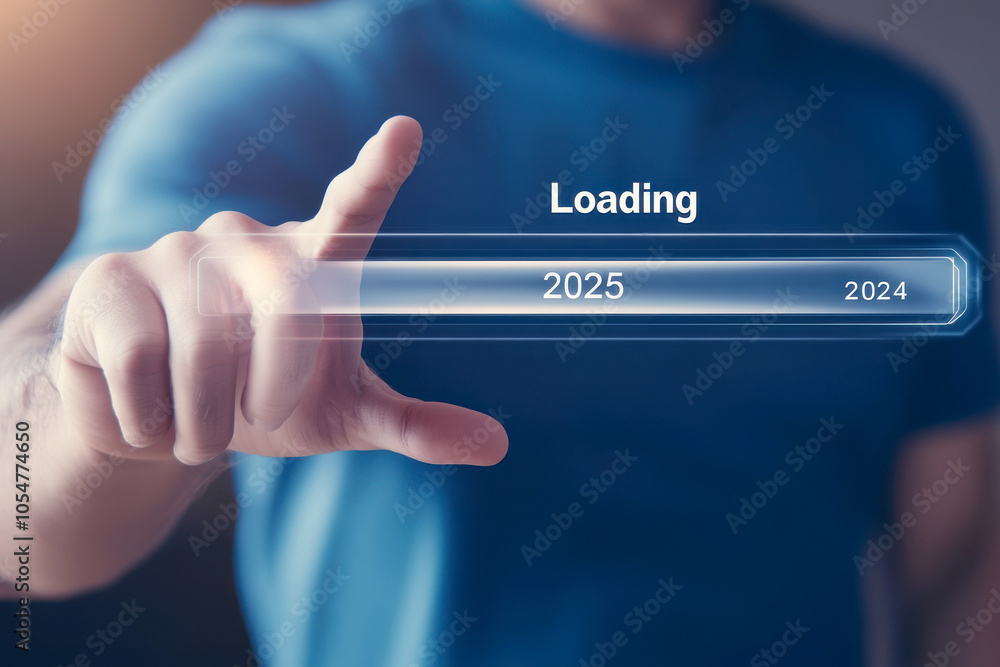 Businessman pointing to 2025 text, loading bar for count down from 2024 to 2025 year, Start up business and success. Businessman pointing to 2025 text, loading bar for count down from 2024 to 2025 year, Start up business and success.