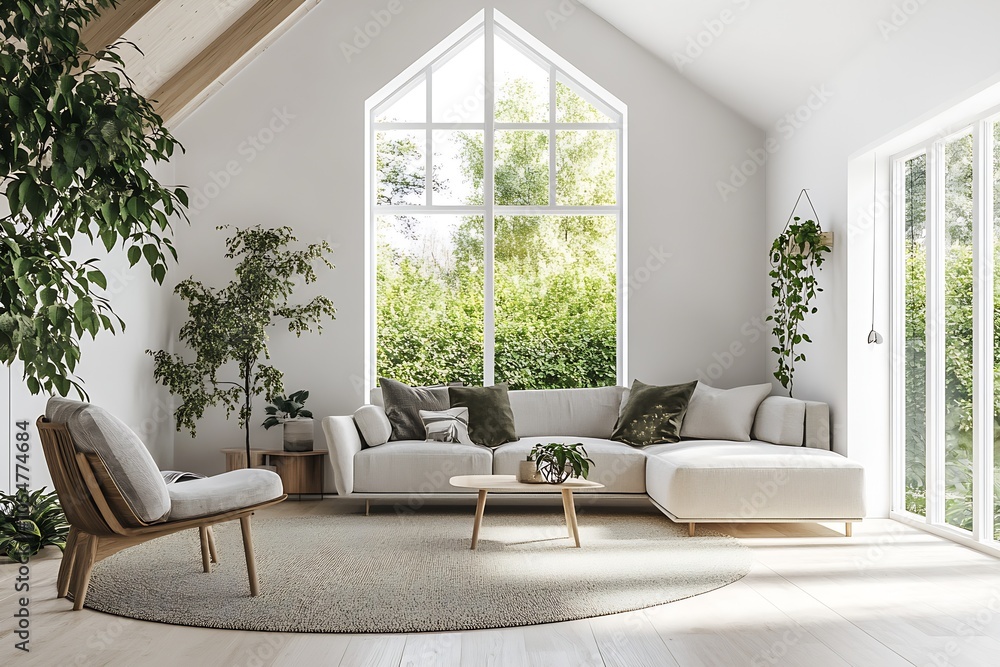 Bright and Airy Modern Scandinavian Living Room with Large Windows and Green Indoor Plants : Generative AI Bright and Airy Modern Scandinavian Living Room with Large Windows and Green Indoor Plants : Generative AI