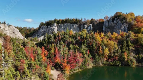 Aerial view of Gypsum Lake in Cape Breton Nova Scotia during Autumn.  Fall foliage of the mountains with multi colored deciduous trees, La Prairie, Cabot Trail, Cape Breton. 