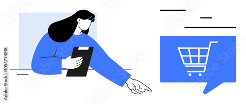 Woman holding a tablet, pointing towards a shopping cart symbol inside a speech bubble. Ideal for e-commerce, online shopping, digital marketing, retail, customer engagement, mobile apps, business