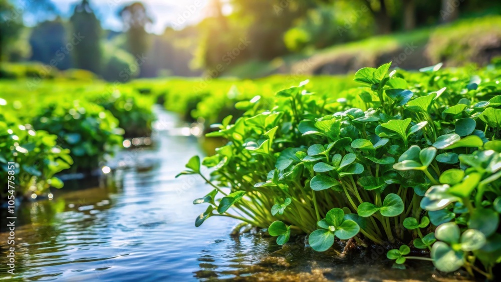 Fresh and vibrant watercress growing in a natural spring, watercress, salad green, aquatic plant, edible herb Fresh and vibrant watercress growing in a natural spring, watercress, salad green, aquatic plant, edible herb