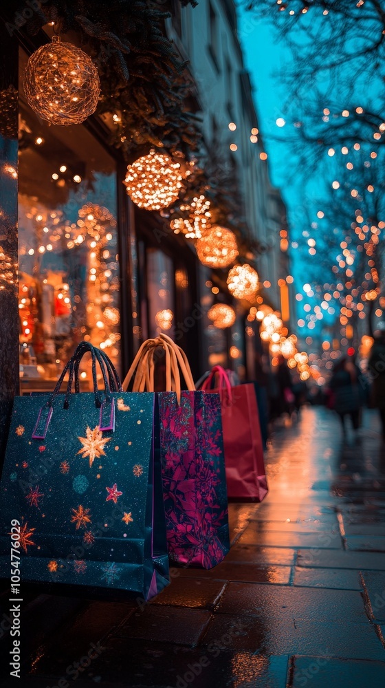 Christmas Shopping Bags on a City Street During Festivities Christmas Shopping Bags on a City Street During Festivities