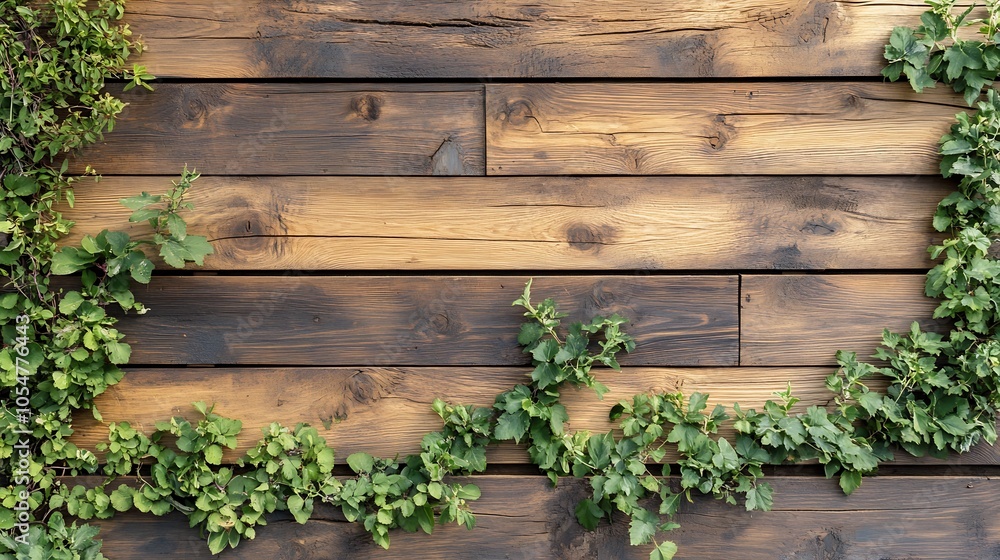 Rustic Wood Plank Background with Green Foliage Border Natural Design Element : Generative AI Rustic Wood Plank Background with Green Foliage Border Natural Design Element : Generative AI
