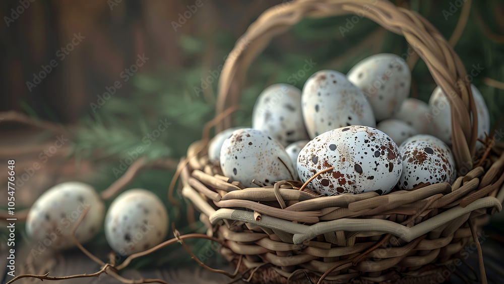 Speckled Eggs Nestled in a Rustic Basket Speckled Eggs Nestled in a Rustic Basket