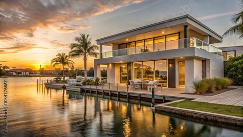 sunset on a modern duplex building hotel beside of river