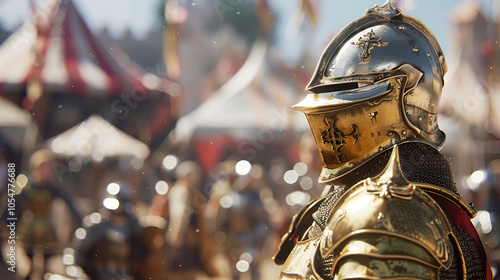 A knight in armor at an outdoor festival, wearing a metal chestplate and helmet with a visor, walking through the crowd of stalls selling medieval goods, Generative AI