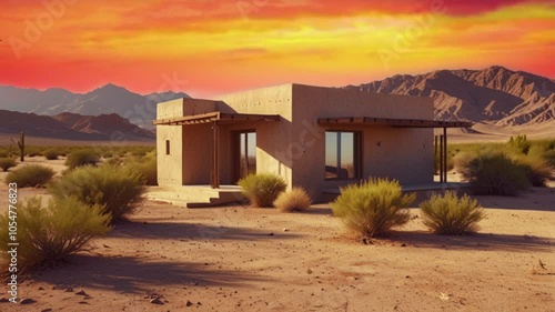 a building in the middle of a barren desert with views of dry plants and a slightly cloudy evening sky