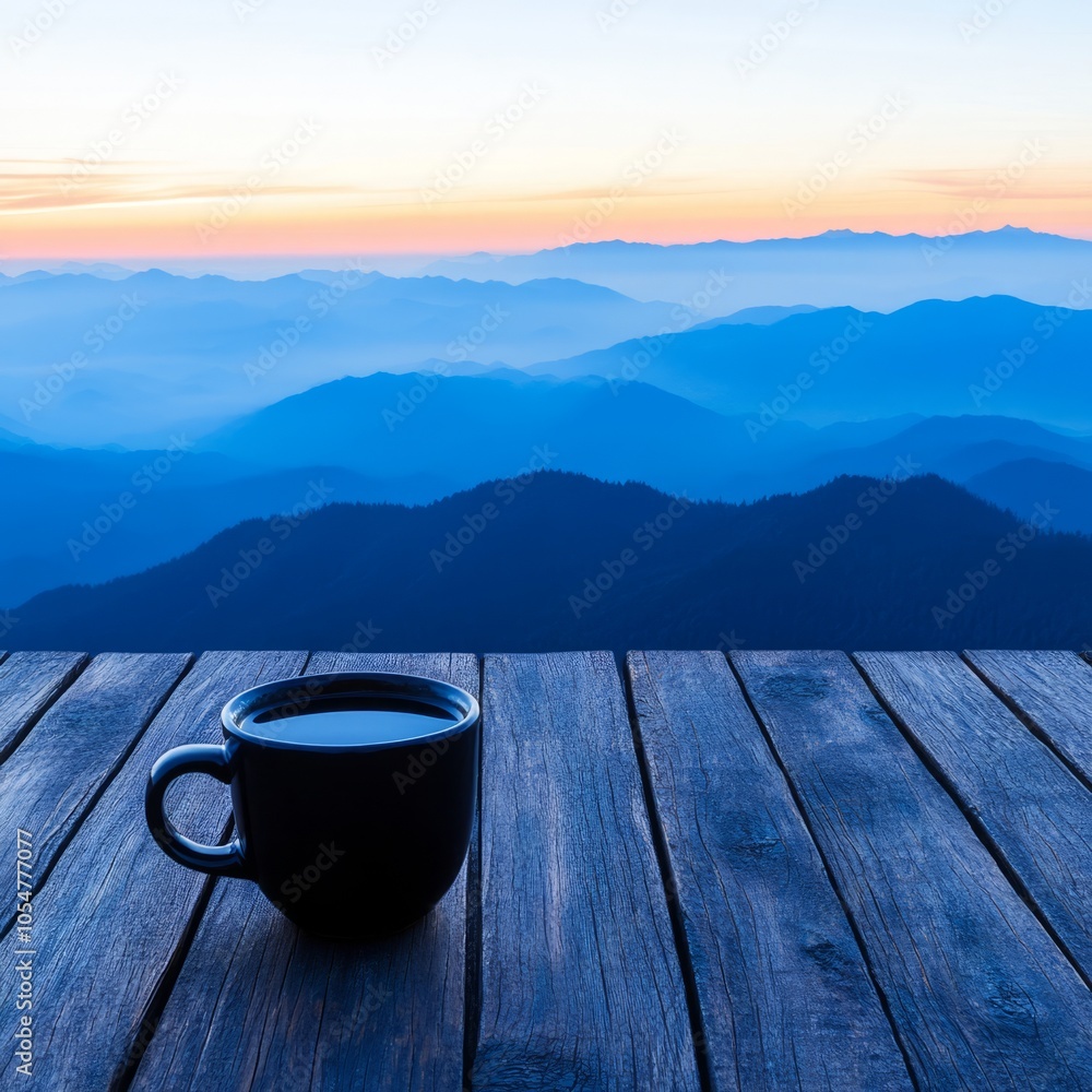 A serene mountain view at dawn with a cup of coffee on a wooden table. A serene mountain view at dawn with a cup of coffee on a wooden table.
