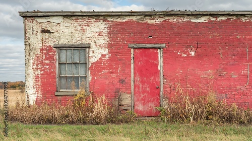 Rustic Abandoned Red Brick Building with Weathered Wood Door and Window : Generative AI