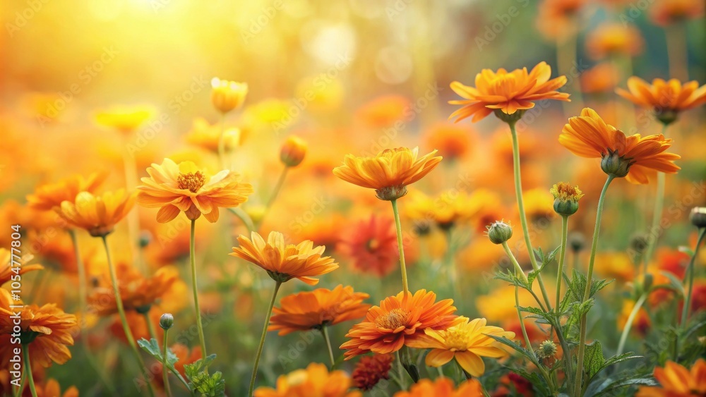 Field of delicate orange and yellow flowers against a soft backdrop, evoking warmth and tranquility in a stunning floral scene Field of delicate orange and yellow flowers against a soft backdrop, evoking warmth and tranquility in a stunning floral scene