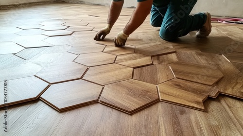 A person installing hexagonal wooden flooring in a room.