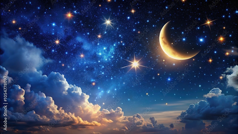 Dramatic night sky filled with scattered stars and a bright crescent moon, dramatic, night, sky, stars, moon, crescent, dark Dramatic night sky filled with scattered stars and a bright crescent moon, dramatic, night, sky, stars, moon, crescent, dark