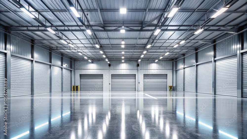 Interior view of an empty garage with metallic floor and lighting, garage, empty, interior, metallic, surface, floor Interior view of an empty garage with metallic floor and lighting, garage, empty, interior, metallic, surface, floor