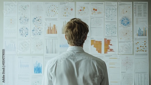 A man stands in front of a wall of charts. He's analyzing data and looking for trends, insights, and patterns.