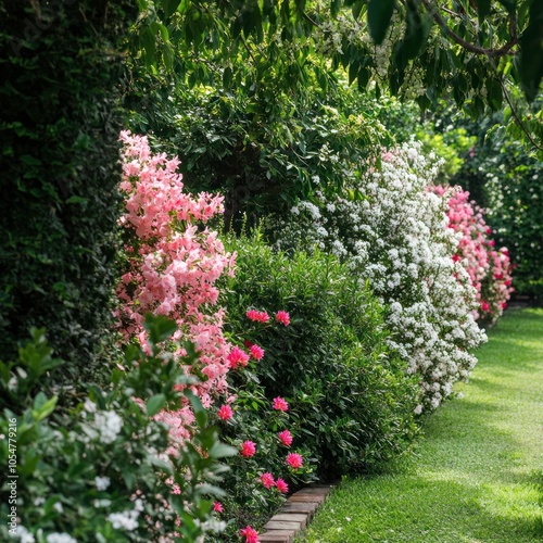 Garden border with flowering shrubs