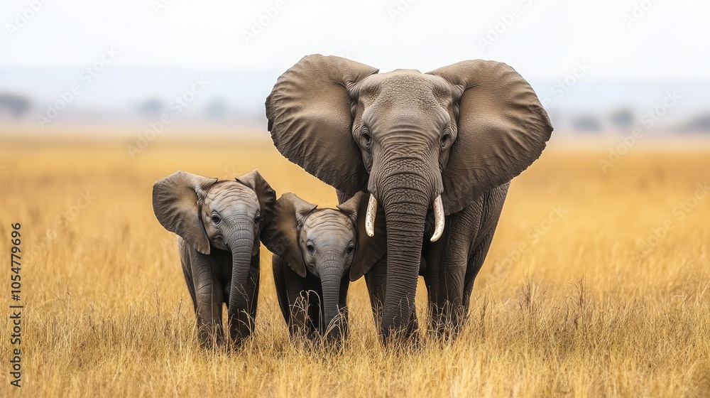 Naklejka premium Elephant family in tall grass. A mother elephant with two calves in the African savanna, perfect for nature and wildlife projects.