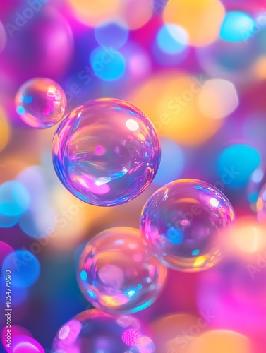 Colorful Soap Bubbles Floating Against a Vivid Bokeh Background : Generative AI